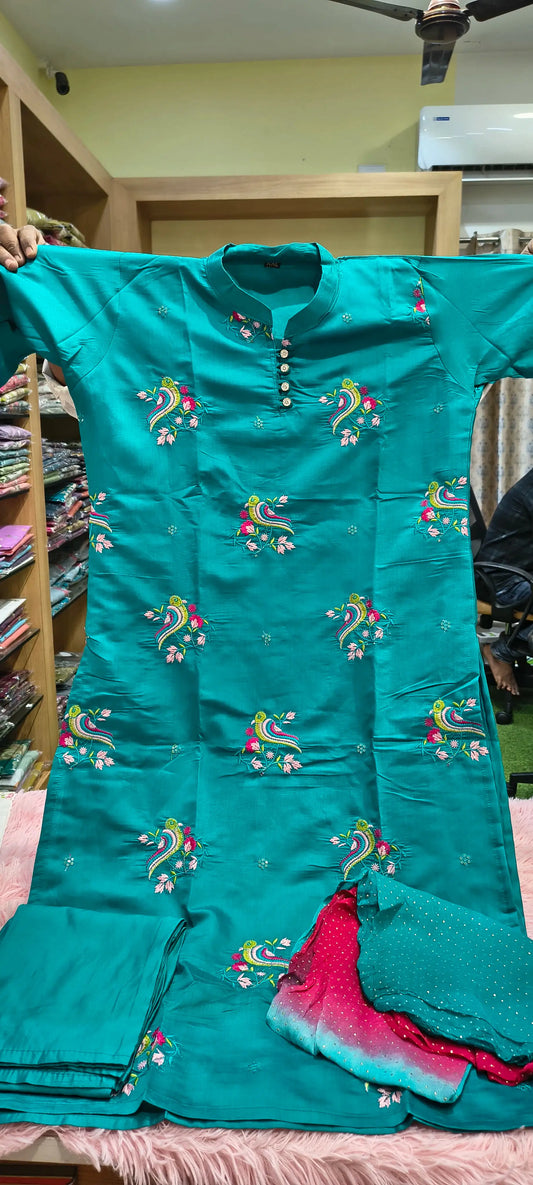 Parrot Embroidery Kurti Set - 3 Piece