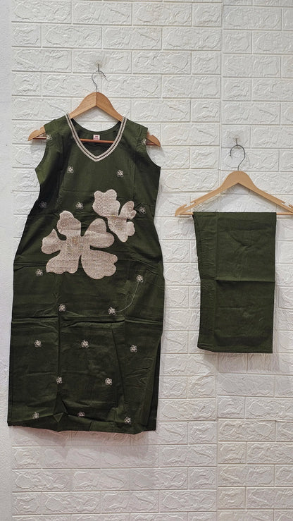Nazmeen Dabu Cotton Embroidery Flower Pattern 3 Piece Set Kurti