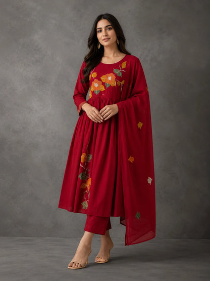Flower Mul Cotton Embroidery Anarkali  3 Piece Set Kurti