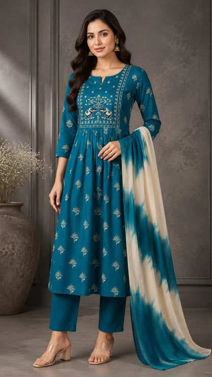 Jungle Theme Dabu Cotton Umbrella 3 Piece Set Kurti
