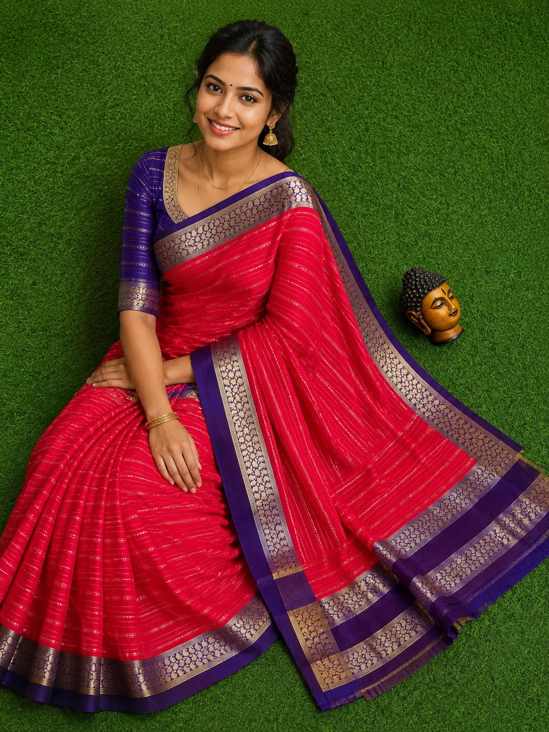 Semi Mysore Silk Sarees In Elegant Horizontal Stripe Pattern