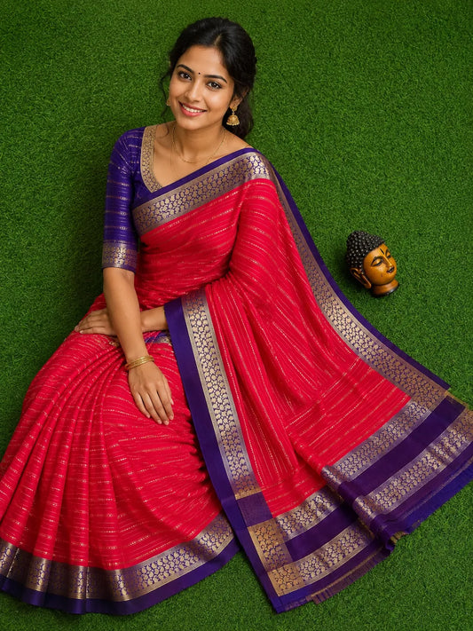 Semi Mysore Silk Sarees In Elegant Horizontal Stripe Pattern