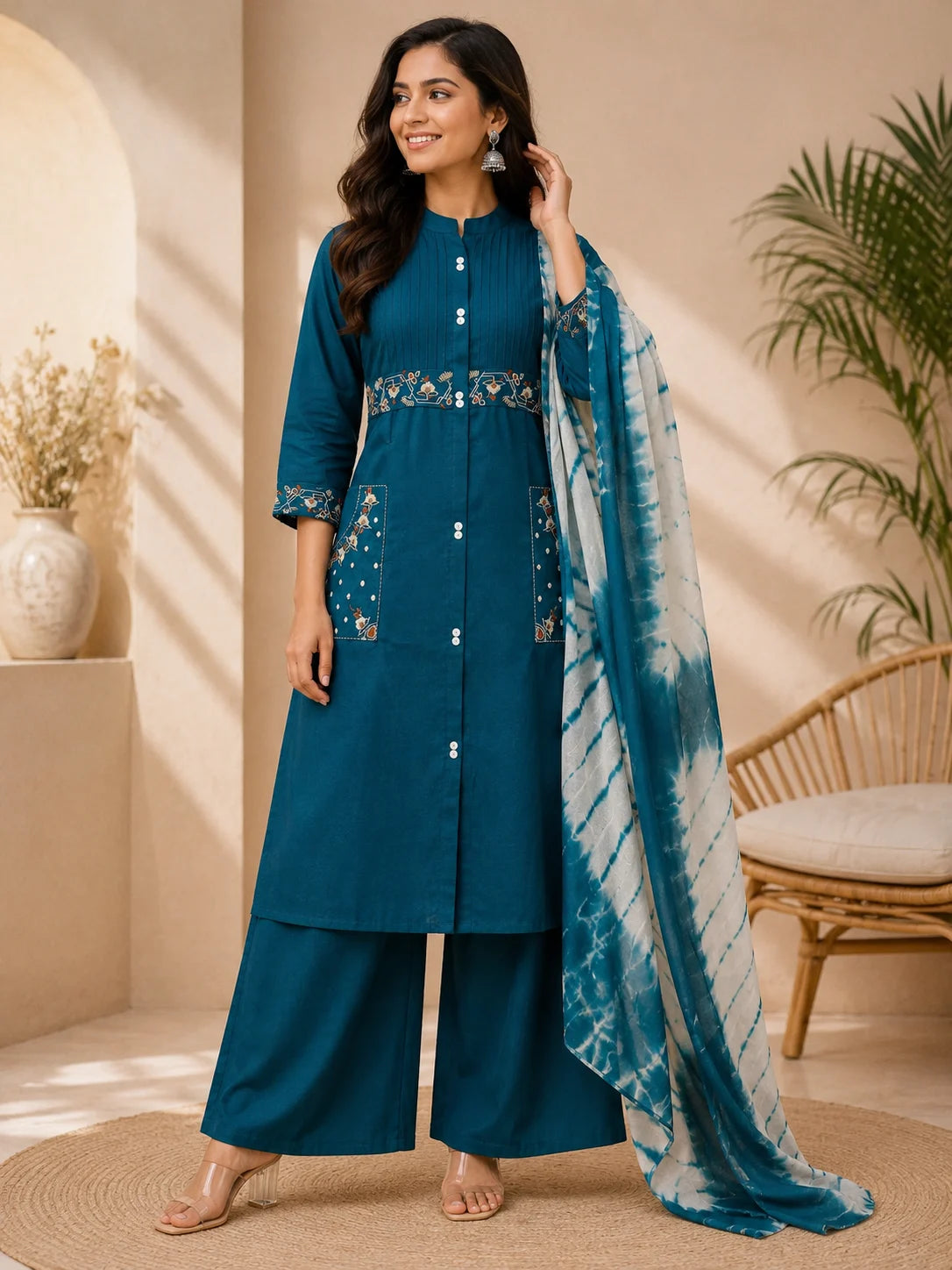 Aasra Vatican Embroidery With Fancy Pockets Work 3 Piece Set Kurti