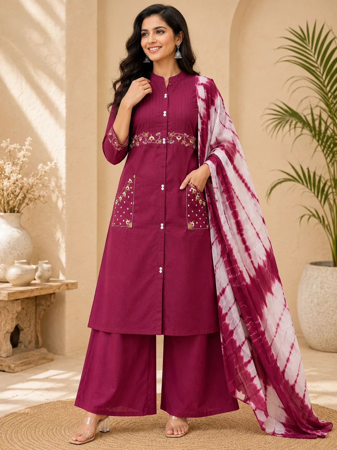 Aasra Vatican Embroidery With Fancy Pockets Work 3 Piece Set Kurti