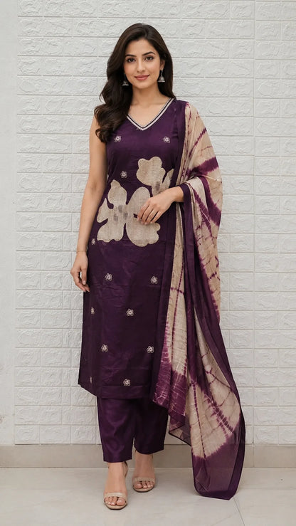 Nazmeen Dabu Cotton Embroidery Flower Pattern 3 Piece Set Kurti