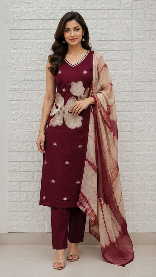 Nazmeen Dabu Cotton Embroidery Flower Pattern 3 Piece Set Kurti