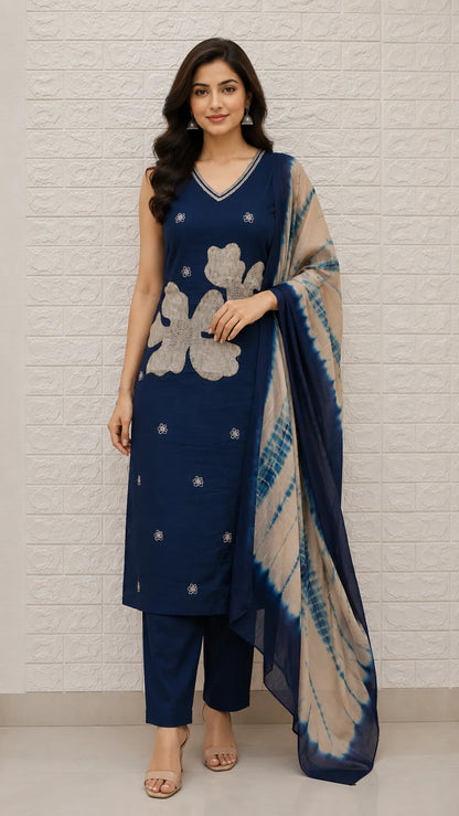 Nazmeen Dabu Cotton Embroidery Flower Pattern 3 Piece Set Kurti