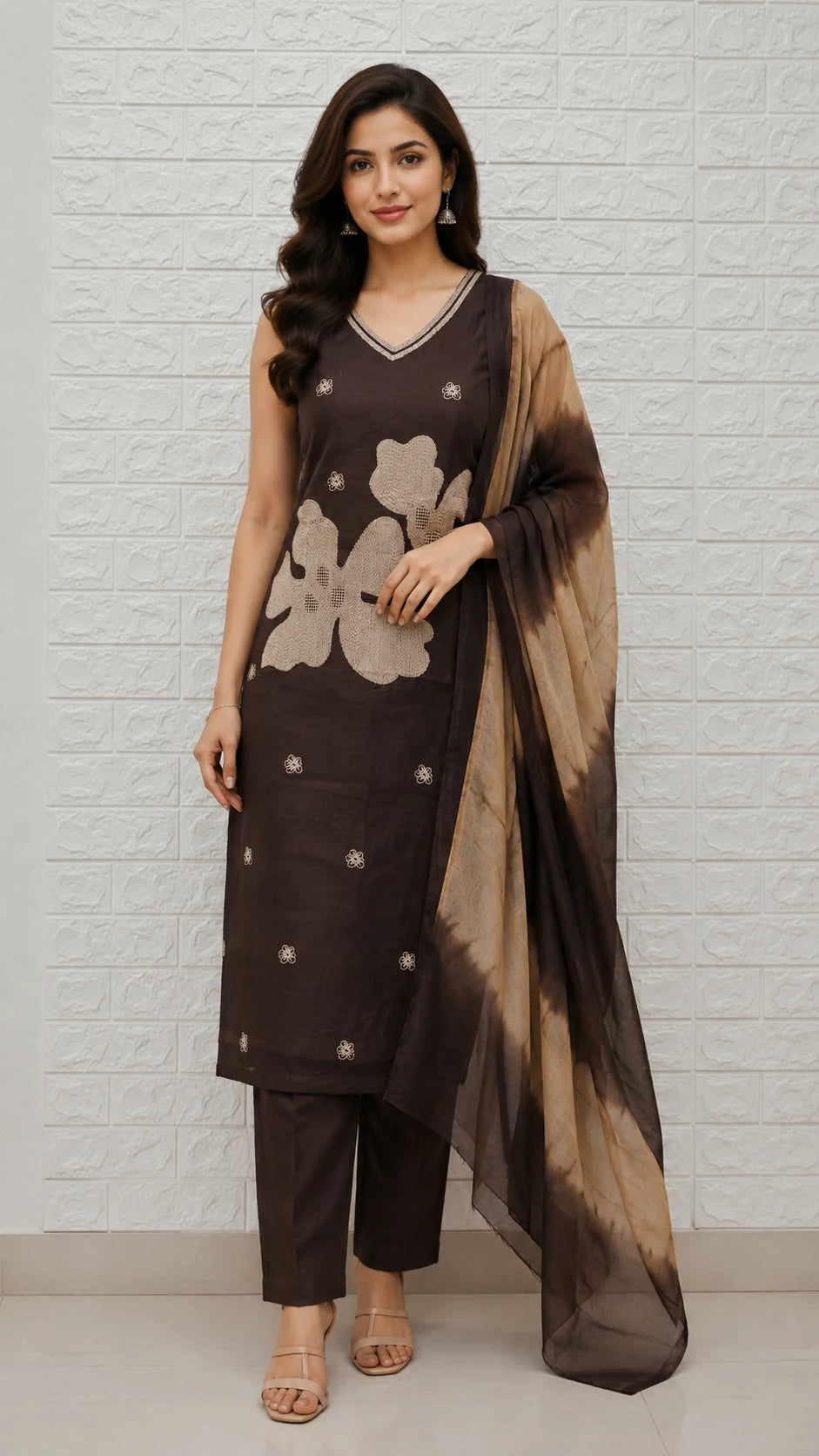 Nazmeen Dabu Cotton Embroidery Flower Pattern 3 Piece Set Kurti