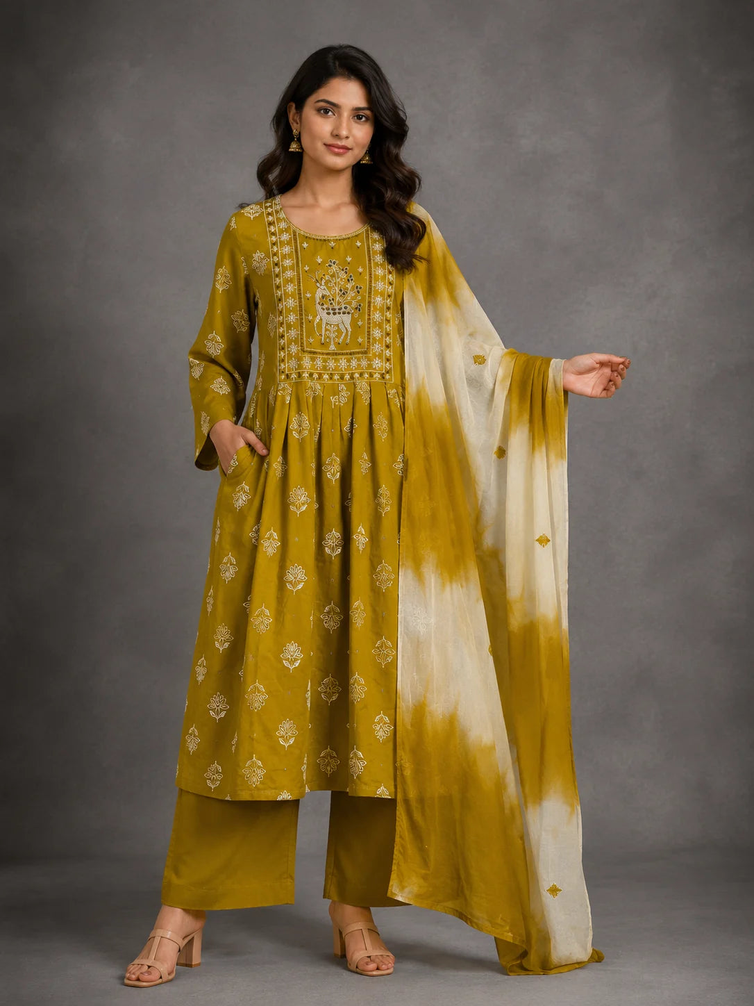 Jungle Theme Dabu Cotton Umbrella 3 Piece Set Kurti