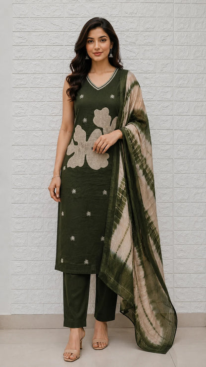 Nazmeen Dabu Cotton Embroidery Flower Pattern 3 Piece Set Kurti