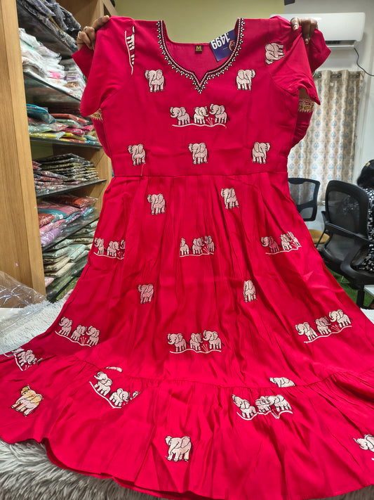 Elephant Embroidery Roman Umbrella Kurti