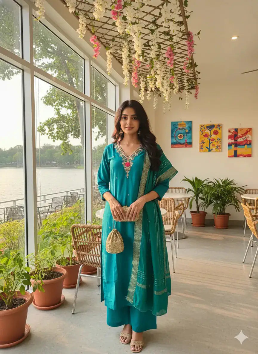 Rose V Neck Hand Work 3 Piece Set