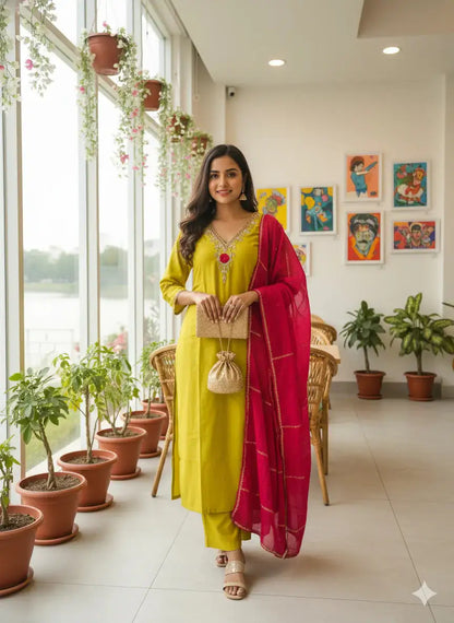 Rose V Neck Hand Work 3 Piece Set