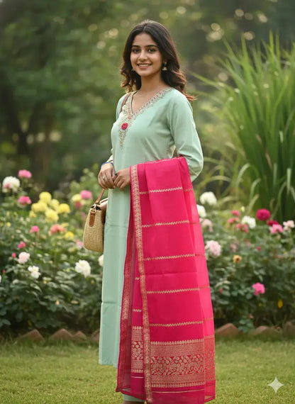 Rose V Neck Hand Work 3 Piece Set