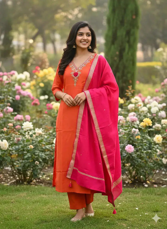 Rose V Neck Hand Work 3 Piece Set