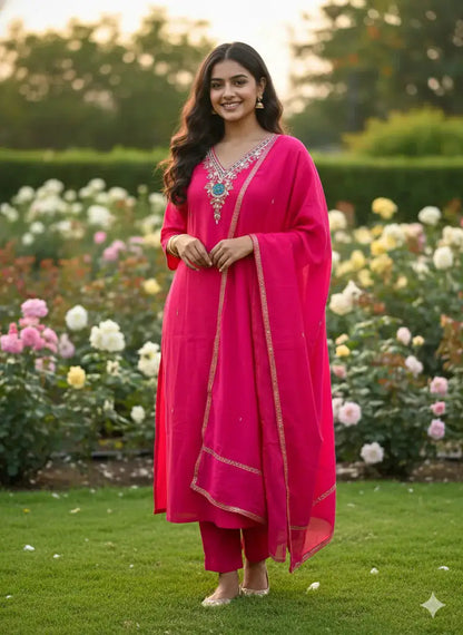 Rose V Neck Hand Work 3 Piece Set