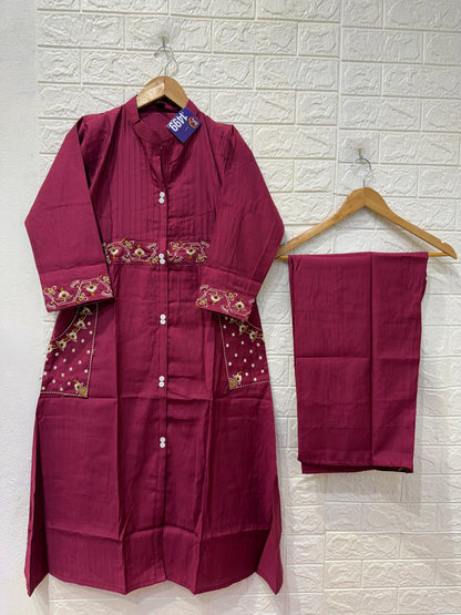 Aasra Vatican Embroidery With Fancy Pockets Work 3 Piece Set Kurti