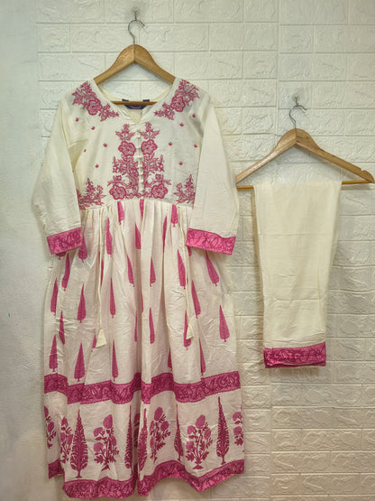 Mul Cotton Embroidery Umbrella 3 Piece Kurta Set