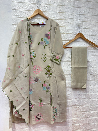 Trending Mul Chanderi Thread Work 3 Piece Set