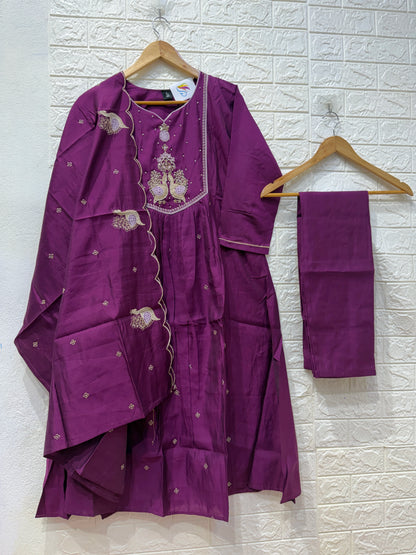 Umbrella Mul Chanderi Hand Work 3 Piece Set
