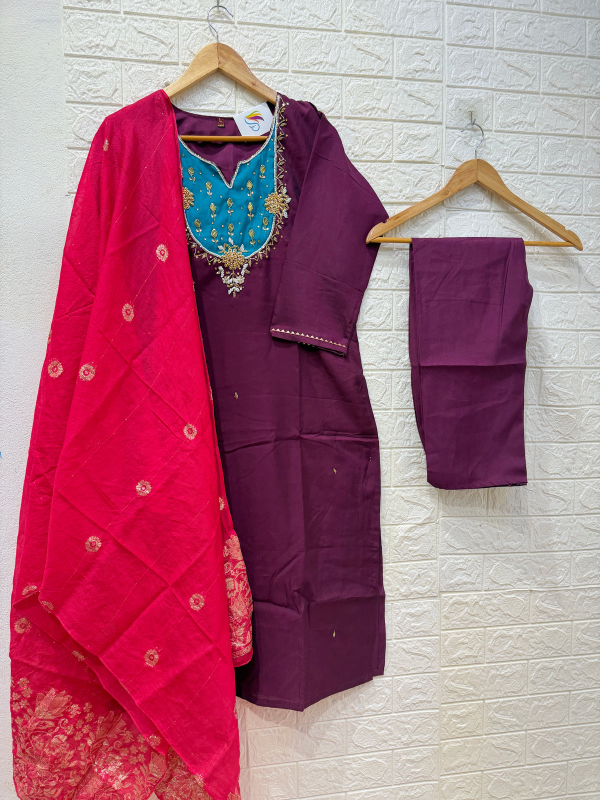 Multi Colours Roman Silk Hand Work 3 Piece Set