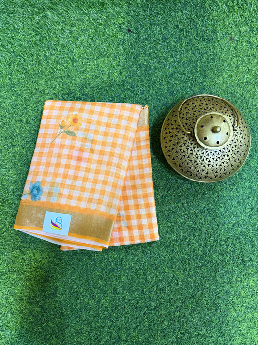 Checks Linen Saree Floral Design With Blouse
