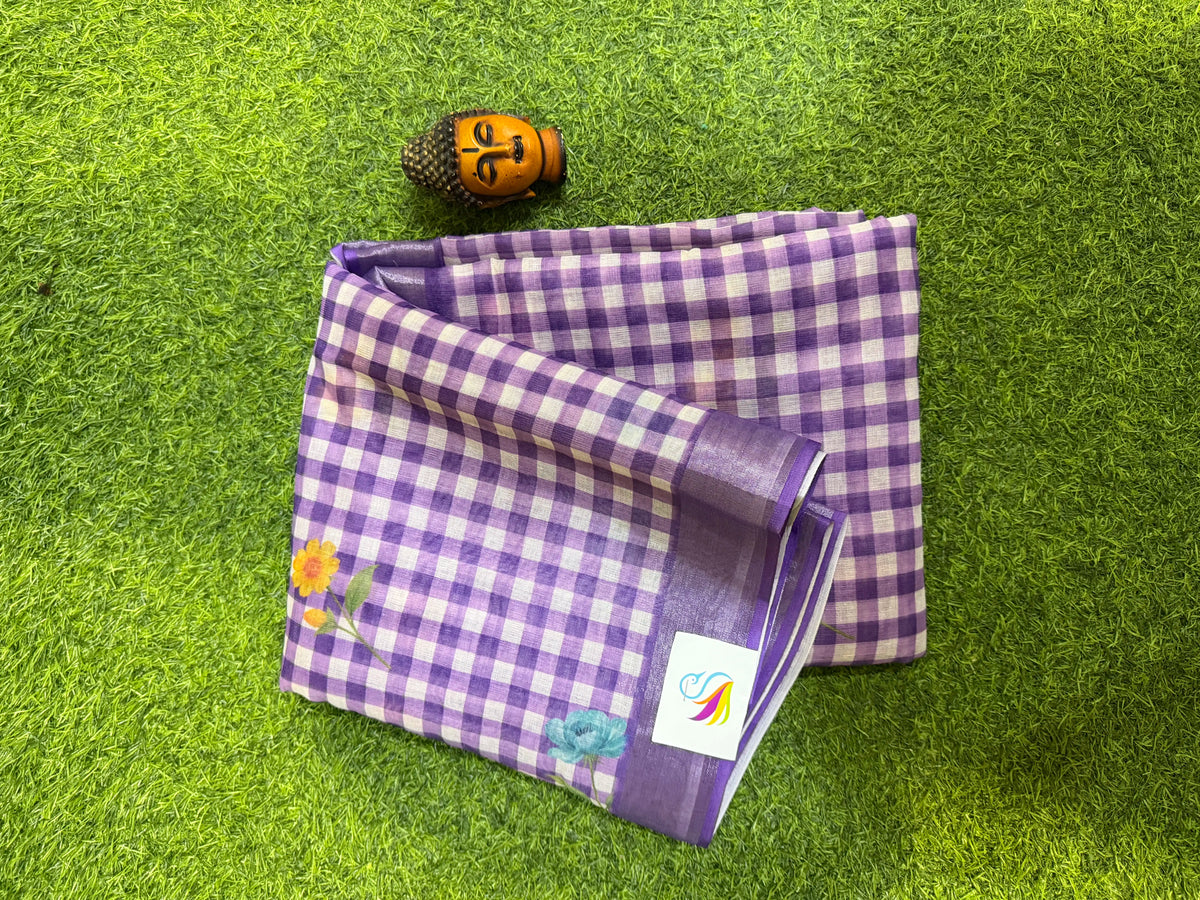 Checks Linen Saree Floral Design With Blouse