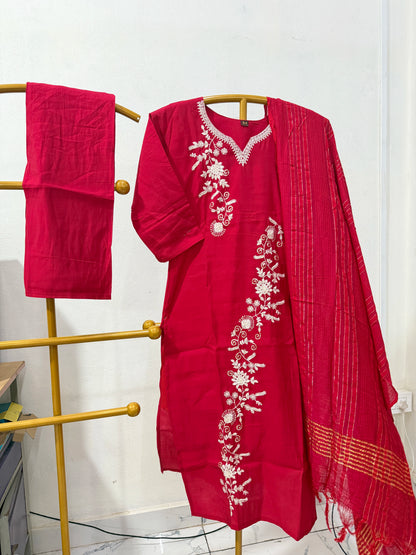 Roman Silk Embroidery Work Straight Cut 3 Piece Sets
