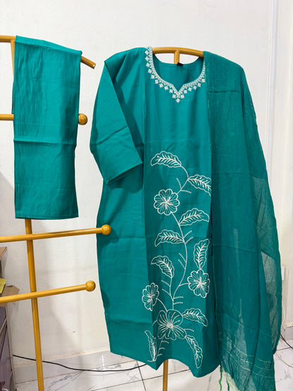 Roman Silk Embroidery Work Straight Cut 3 Piece Sets