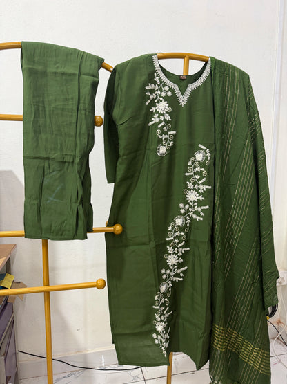 Roman Silk Embroidery Work Straight Cut 3 Piece Sets