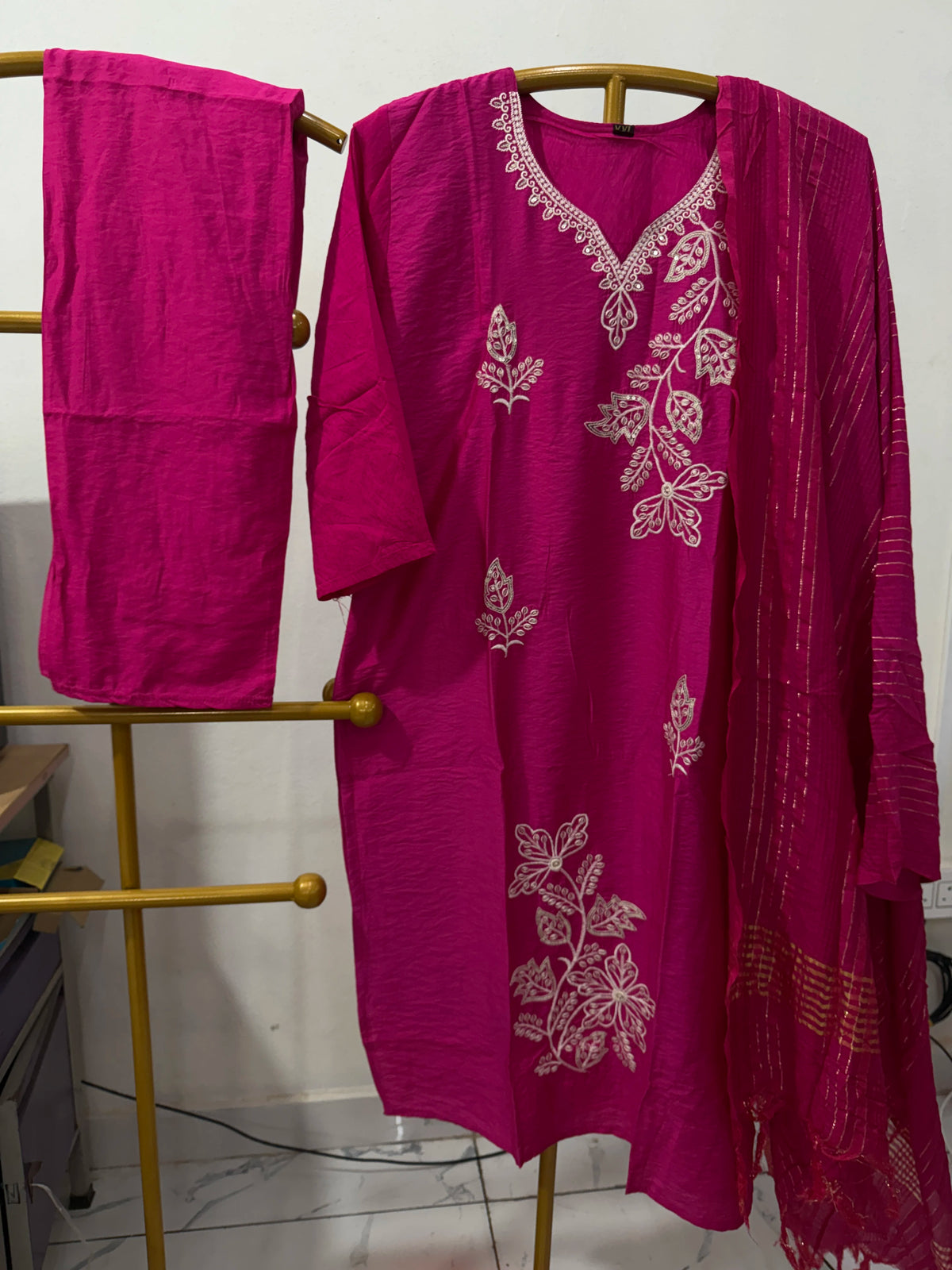 Roman Silk Embroidery Work Straight Cut 3 Piece Sets