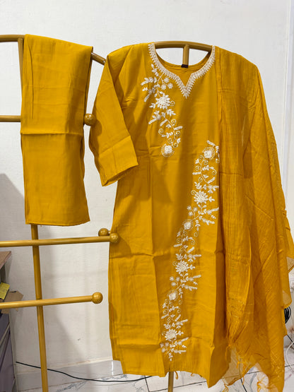 Roman Silk Embroidery Work Straight Cut 3 Piece Sets