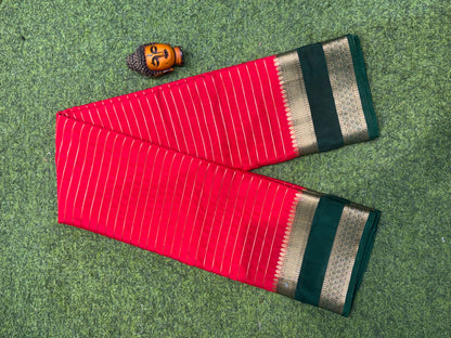 Semi Mysore Silk Sarees In Elegant Horizontal Stripe Pattern