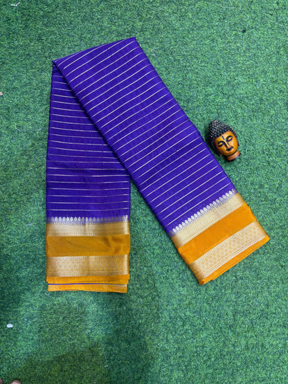 Semi Mysore Silk Sarees In Elegant Horizontal Stripe Pattern