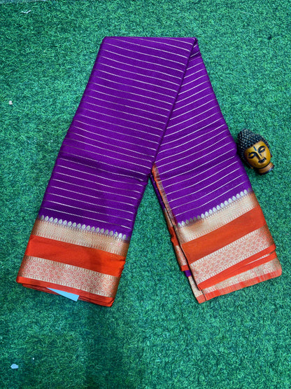 Semi Mysore Silk Sarees In Elegant Horizontal Stripe Pattern
