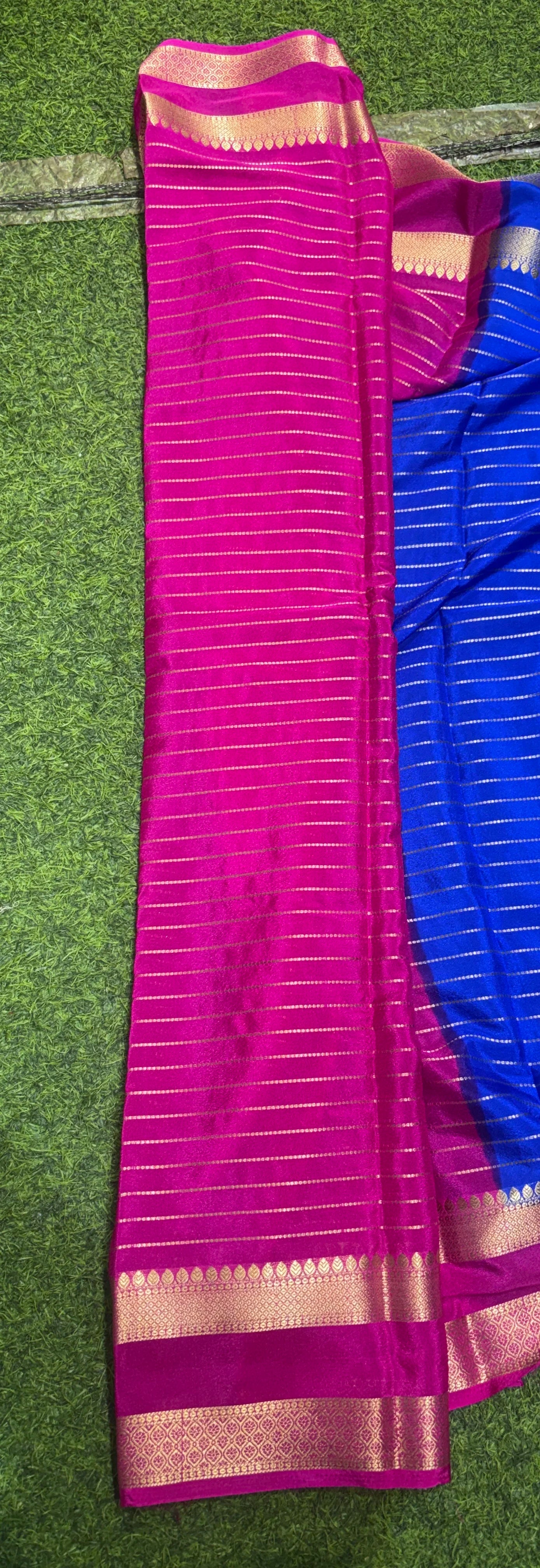 Semi Mysore Silk Sarees In Elegant Horizontal Stripe Pattern
