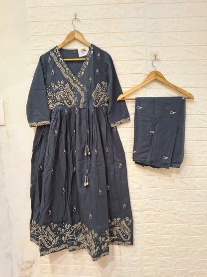 Mango Embroidery Angrakha & Daman pattern Umbrella 3 piece Set kurti