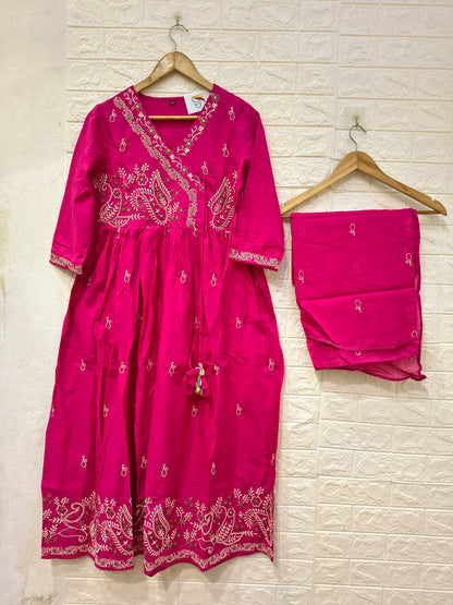 Mango Embroidery Angrakha & Daman pattern Umbrella 3 piece Set kurti