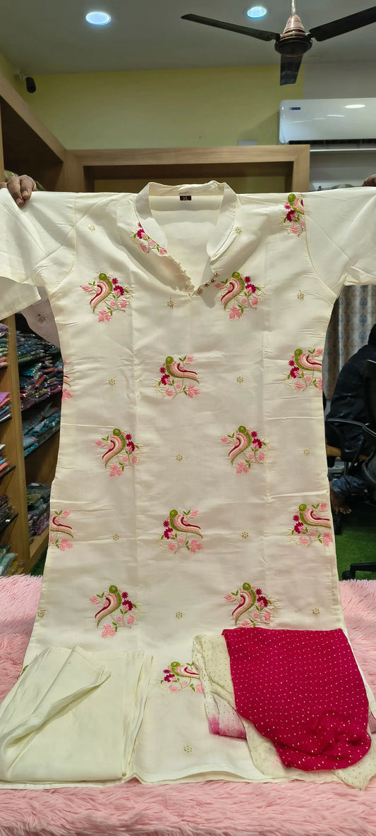 Parrot Embroidery Kurti Set - 3 Piece