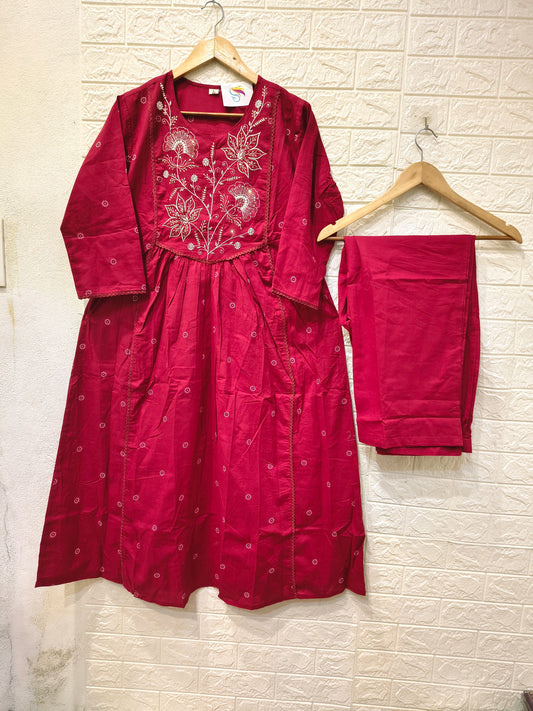 Sundari Pure Mul Cotton Embroidery Umbrella 3 Piece Set Kurti