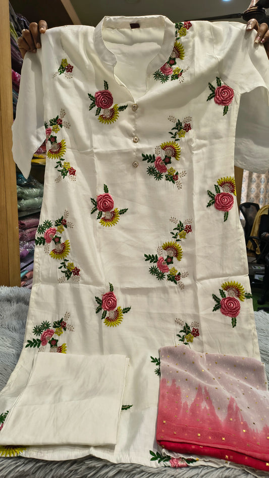 Flower Embroidery Kurti Set - 3 Piece