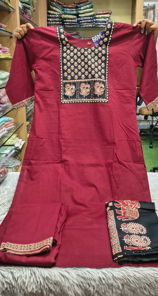 Kalamkari Cotton Kurti Set - 3 Piece