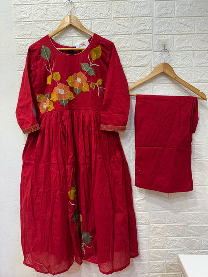 Flower Mul Cotton Embroidery Anarkali  3 Piece Set Kurti