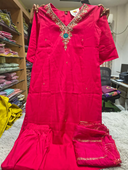 Rose V Neck Hand Work 3 Piece Set