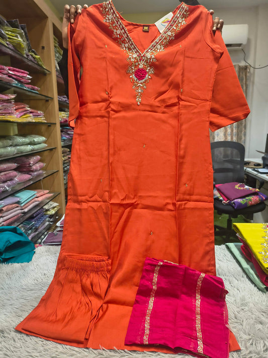 Rose V Neck Hand Work 3 Piece Set