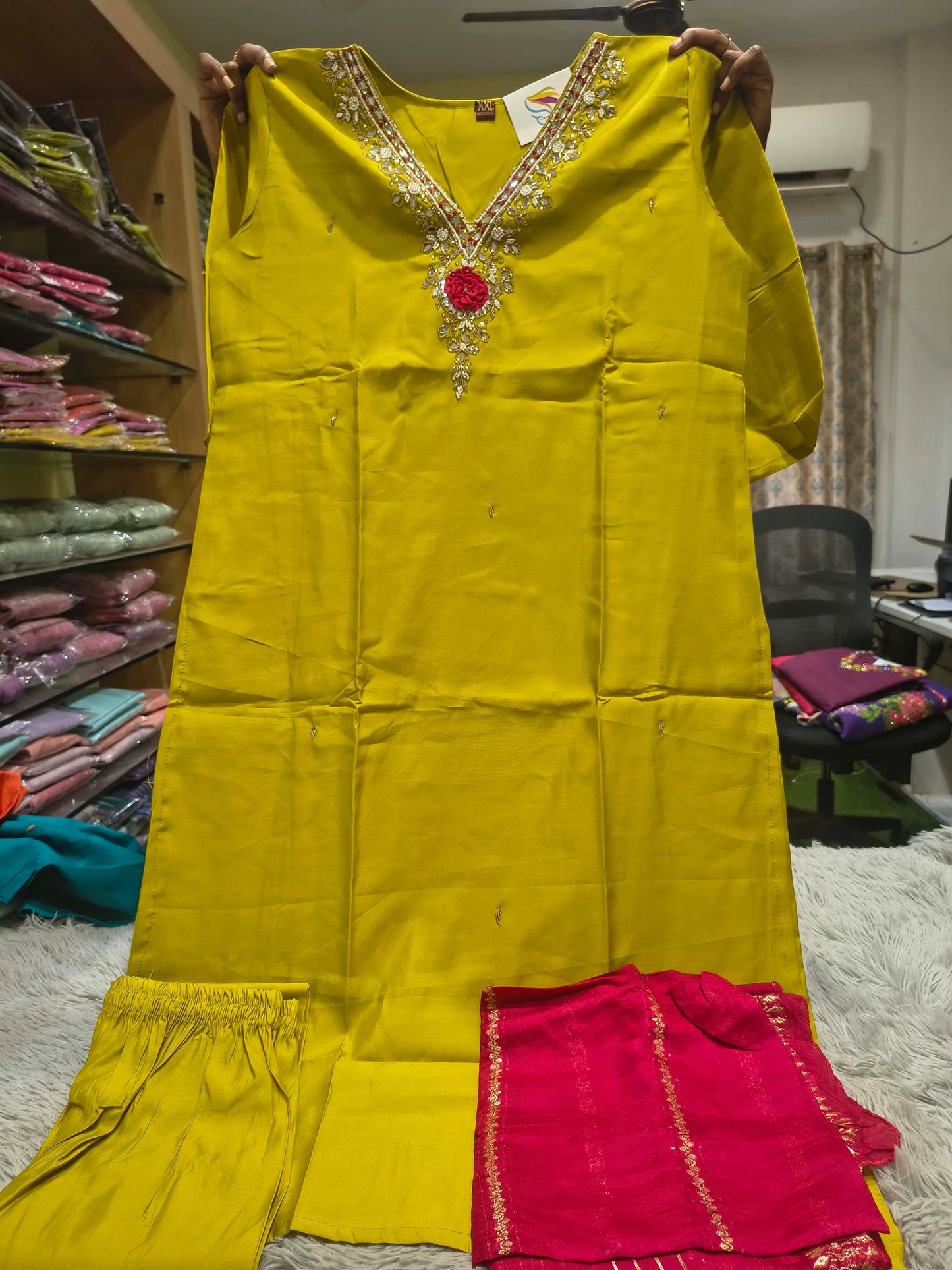 Rose V Neck Hand Work 3 Piece Set