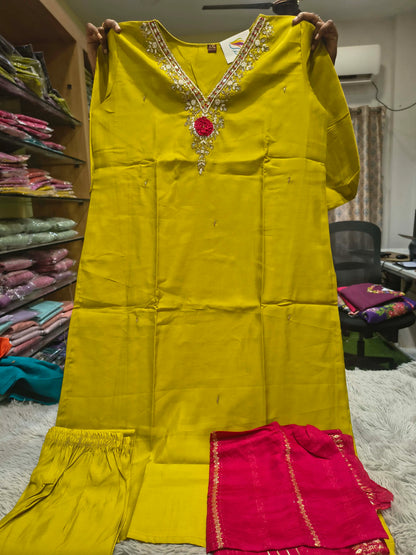 Rose V Neck Hand Work 3 Piece Set