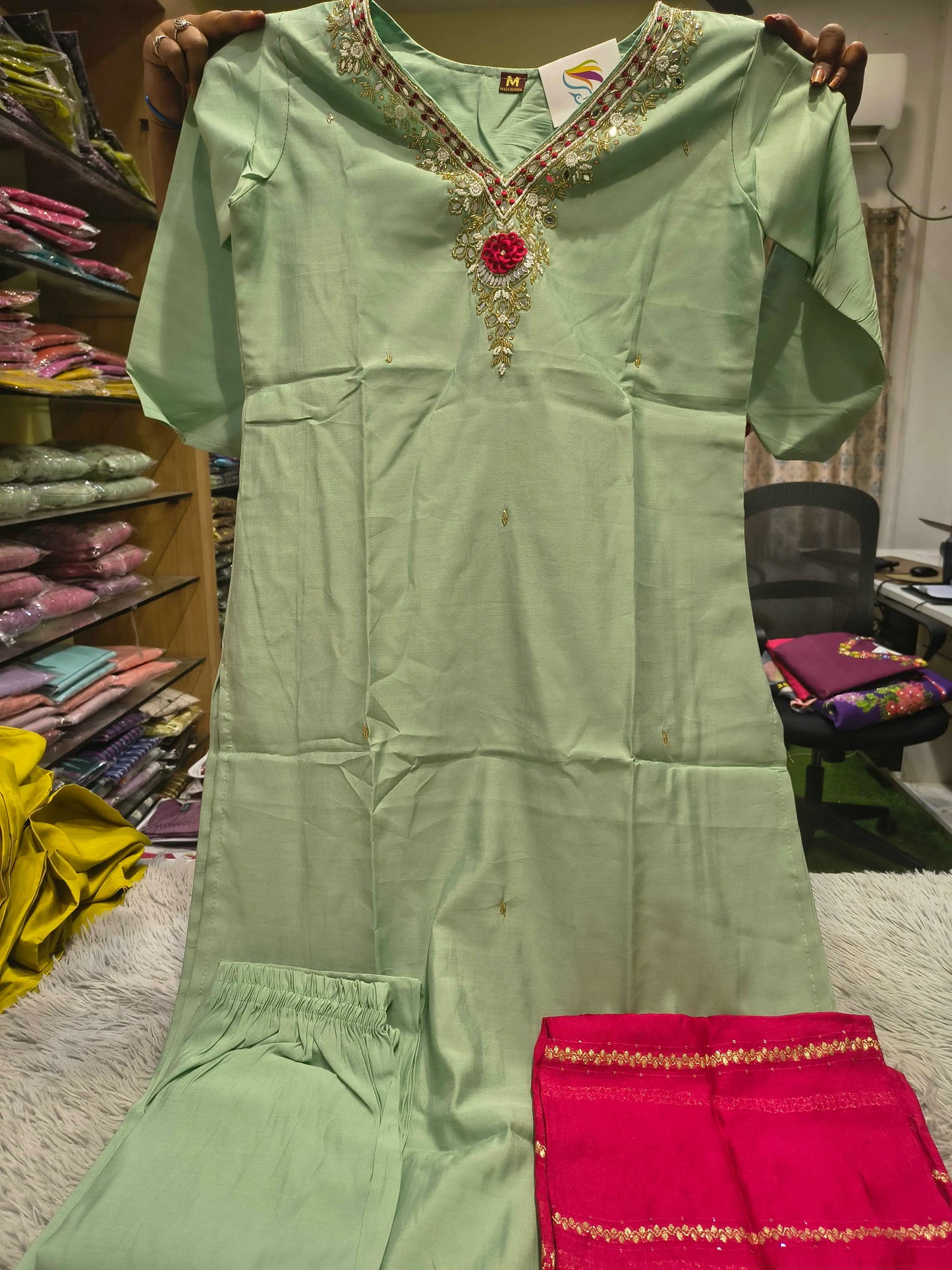 Rose V Neck Hand Work 3 Piece Set
