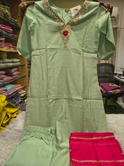 Rose V Neck Hand Work 3 Piece Set