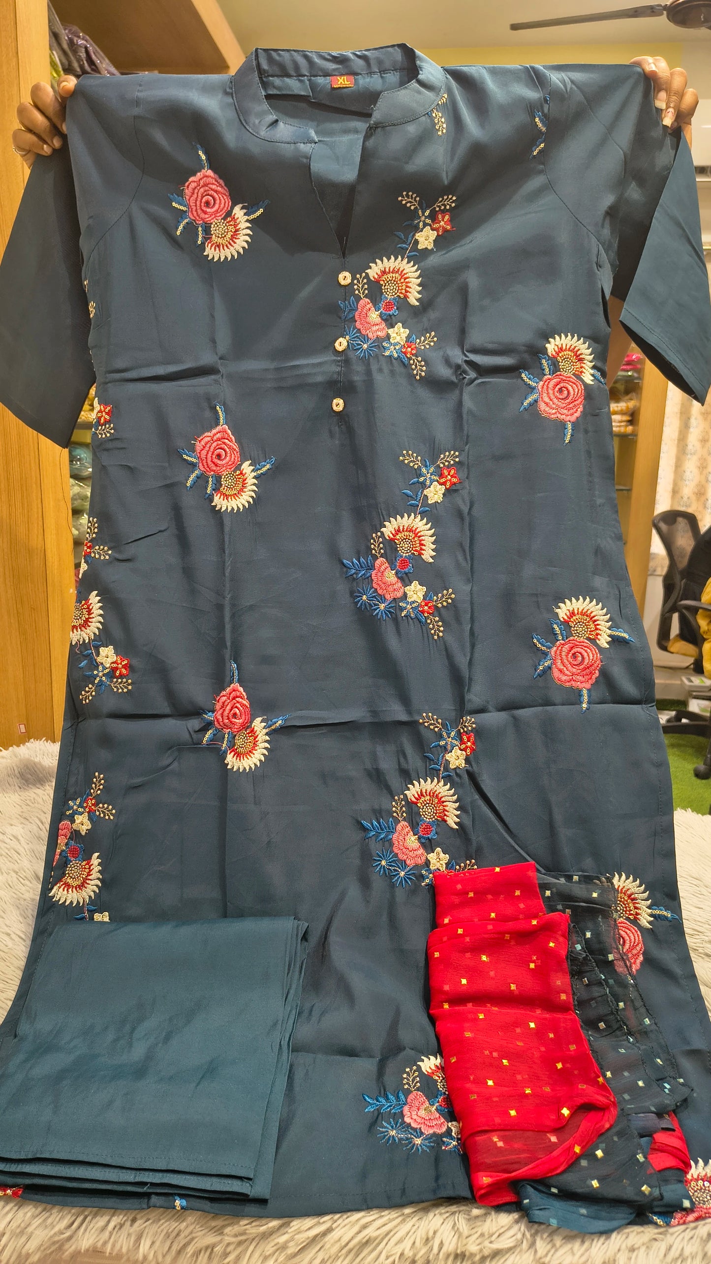 Flower Embroidery Kurti Set - 3 Piece
